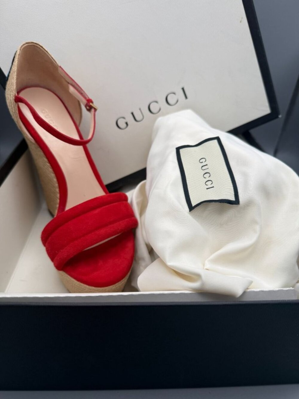 Gucci Ophelia Hibiscus Red Suede Floral Crewel Wedge Platform Espadrille 38 Box - Picture 2 of 16
